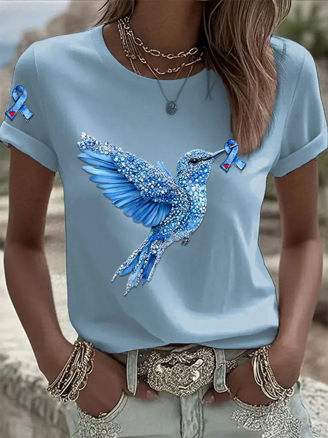 Women's Diabetes Awareness Hummingbird Ribbon Print Casual T-Shirt socialshop