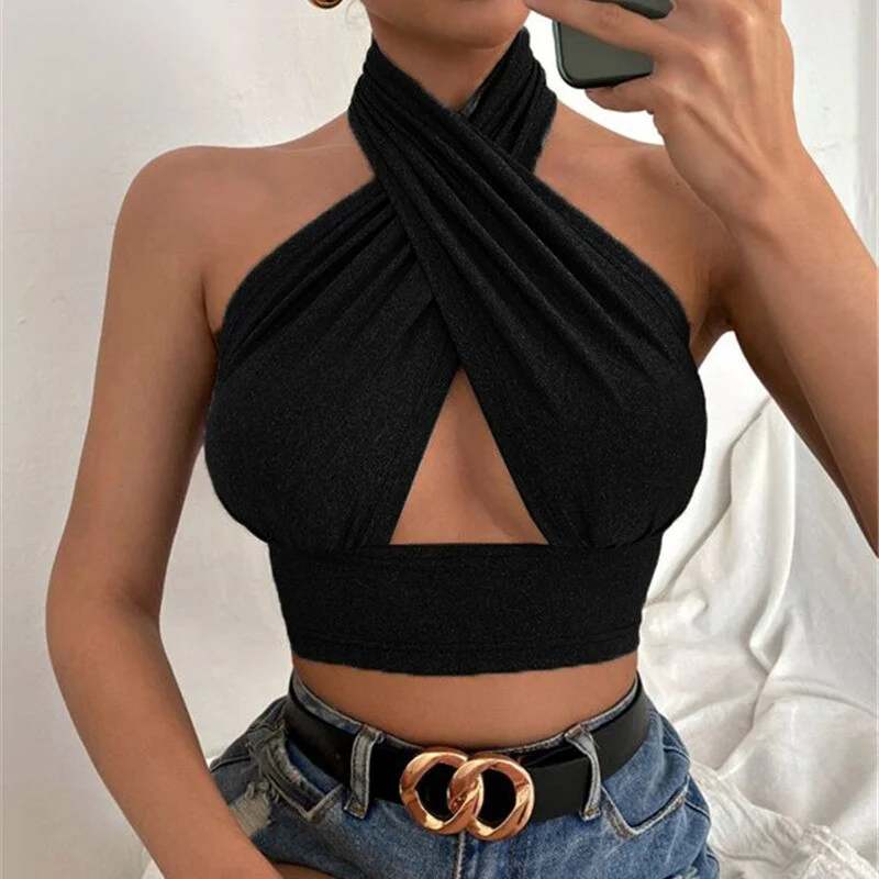 hirigin Women Cross Halter Neck Crop Top Sleeveless Backless Sexy Camisole Female Hollow Out Exotic Tanks Lingerie Night Party