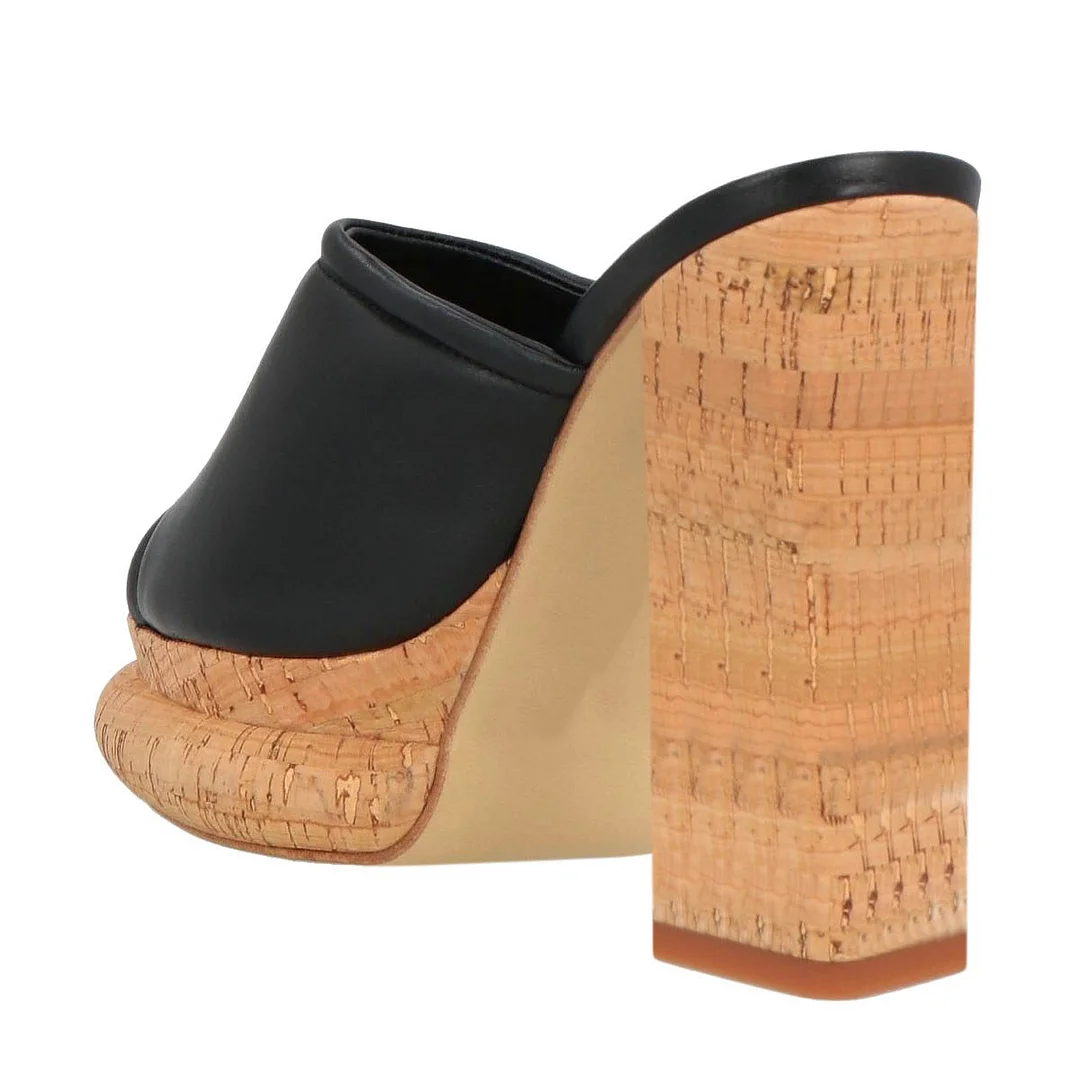 Casual Black Peep Toe Platform Chunky High Heel Mules for Women