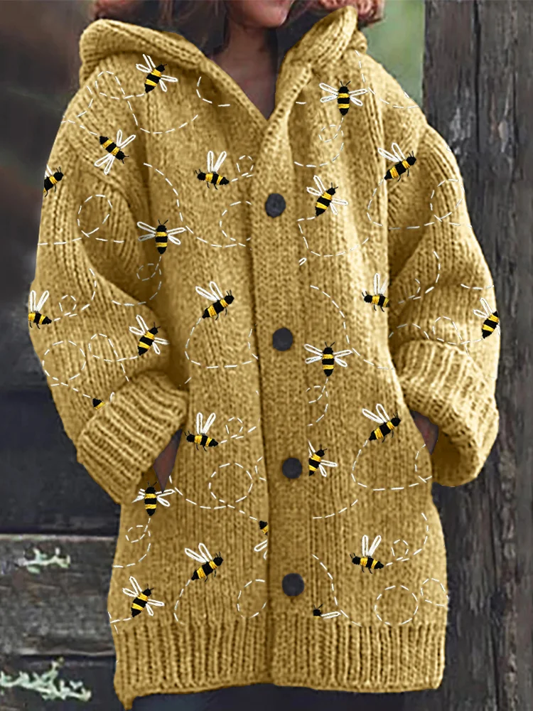 Flying Bees Embroidery Pattern Cozy Knit Hooded Cardigan