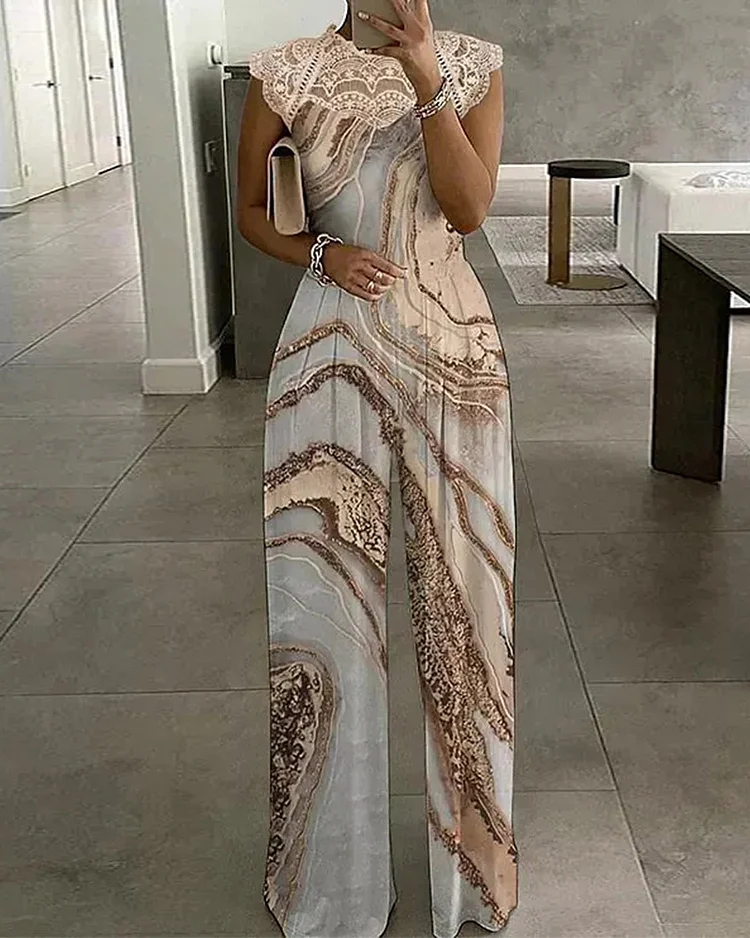 Fashion printed lace stitching sleeveless round neck loose casual jumpsuit