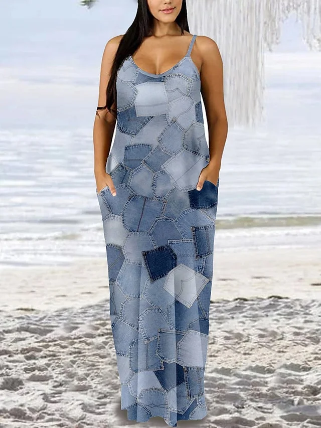 Women's Plus Size Casual Dress Strap Dress Geometric Color Block Long Dress Maxi Dress Sleeveless Print Strap Romantic Daily Blue Dark Blue Spring Summer L XL XXL 3XL 4XL | IFYHOME