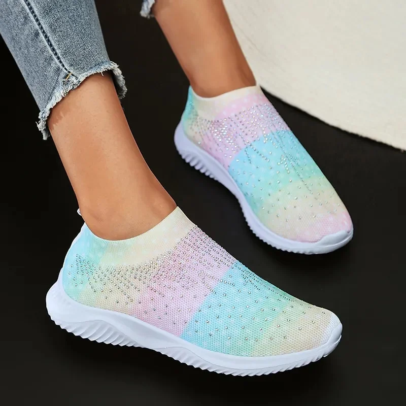 Zhungei Color Knitting Crystal Sneakers for Women Casual Slip On Mesh Walking Shoes Woman Soft Sole Rhinestone Dance Sock Sneakers