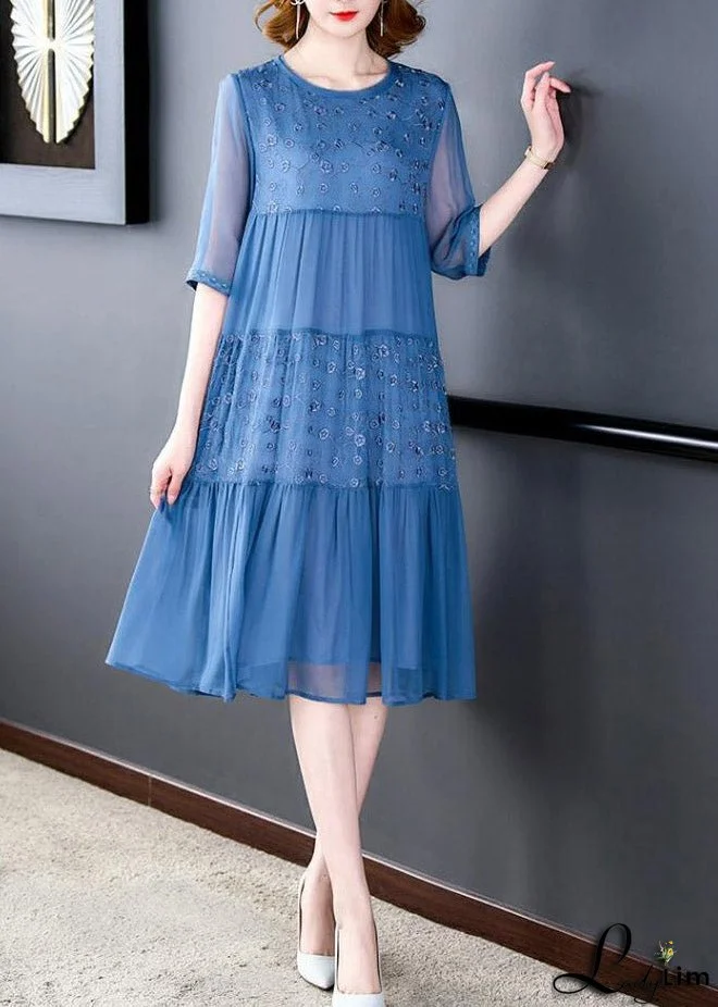 French Blue O-Neck Embroideried Patchwork Silk Long Dresses Summer