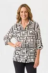 Front view of elegant black and white 3/4 sleeve blouse with button-down design