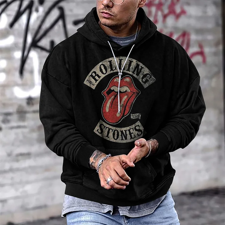 Comstylish Vintage Rolling Stones Lips Print Hoodie