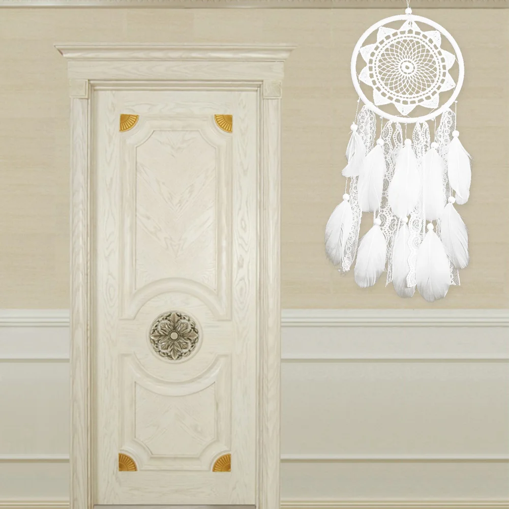 White Dream Catcher Wooden Beads Lace Pendant Feather Wind Chime (MS6060)