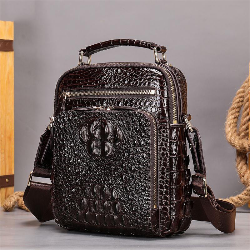 Men's Crocodile Pattern Shoulder Bag Leather Adjustable Shoulder Strap Business Crossbody Bag