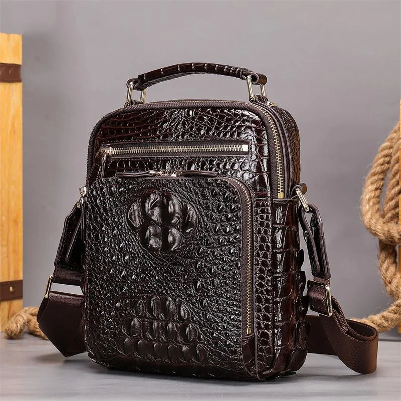 Men's Crocodile Pattern Shoulder Bag Leather Adjustable Shoulder Strap Business Crossbody Bag