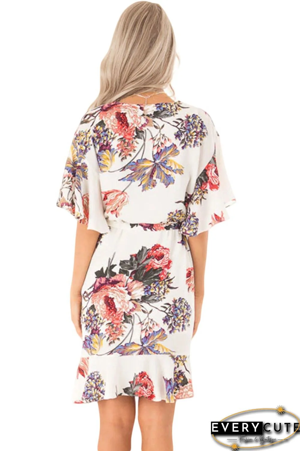 White Floral Print V Neck Wrap Dress with Ruffle Sleeves
