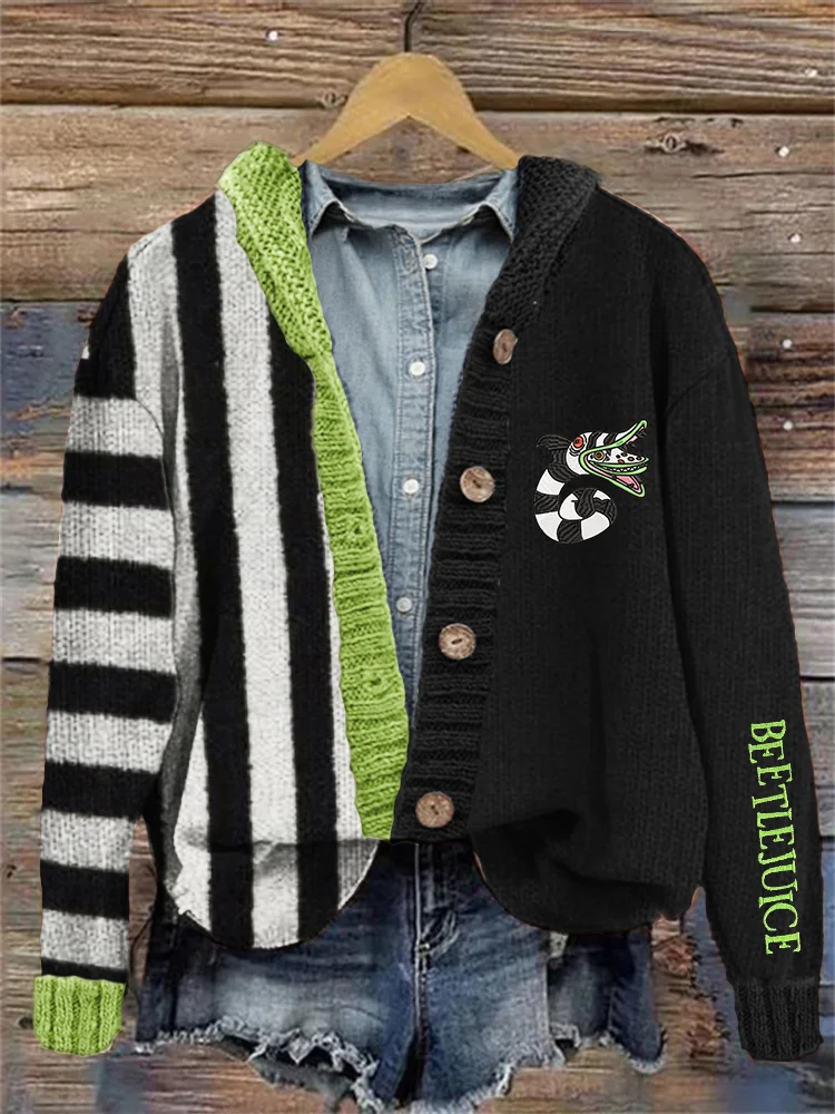 Halloween Horror Movie Embroidered Striped Contrast Hooded Cardigan
