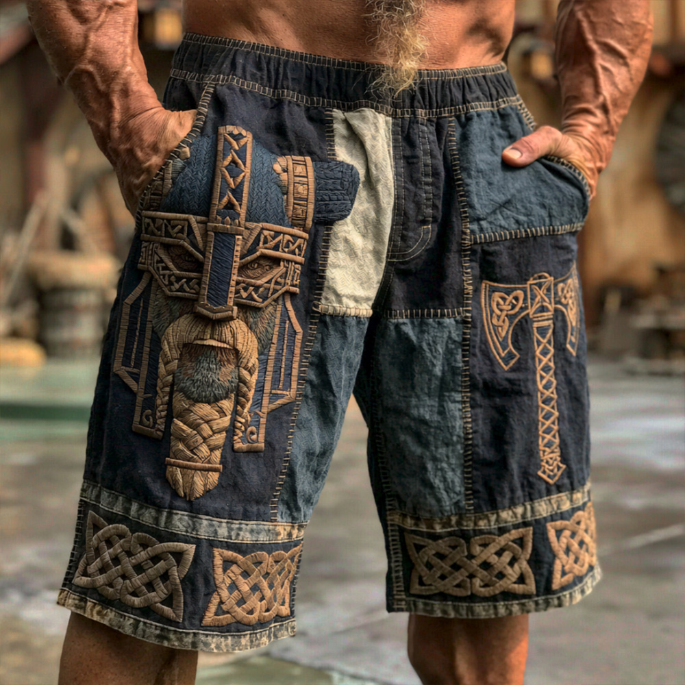 Comstylish Viking Celtic Knot And Viking Figure Art Washed Cotton And Linen Patchwork Color-block Elastic Shorts