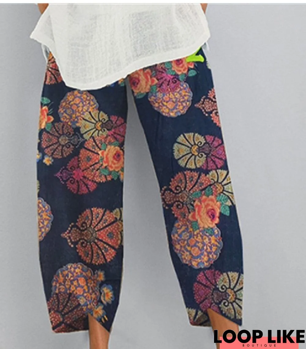 Women Flowers Printed Holiday Cotton Pants
