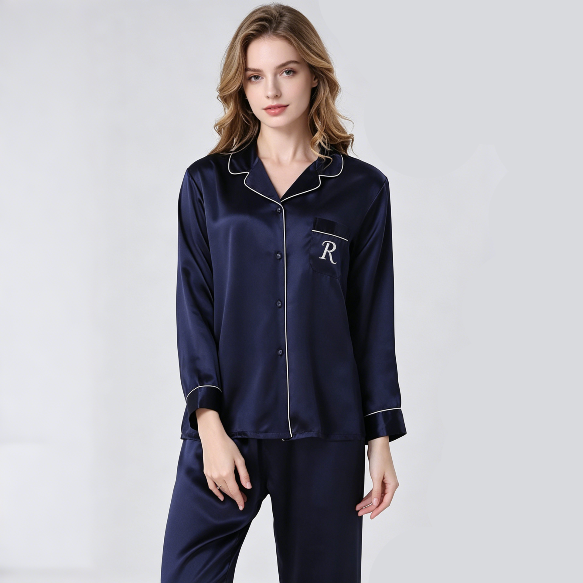 Monogrammed Silk Pajamas Women 100% Mulberry Silk Long Sleeve Soft Comfortable Sleepwear REAL SILK LIFE