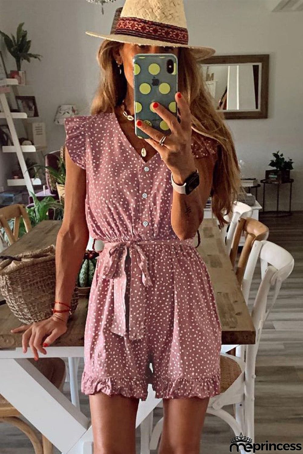 Dotted Print V Neck Romper with Waist Tie