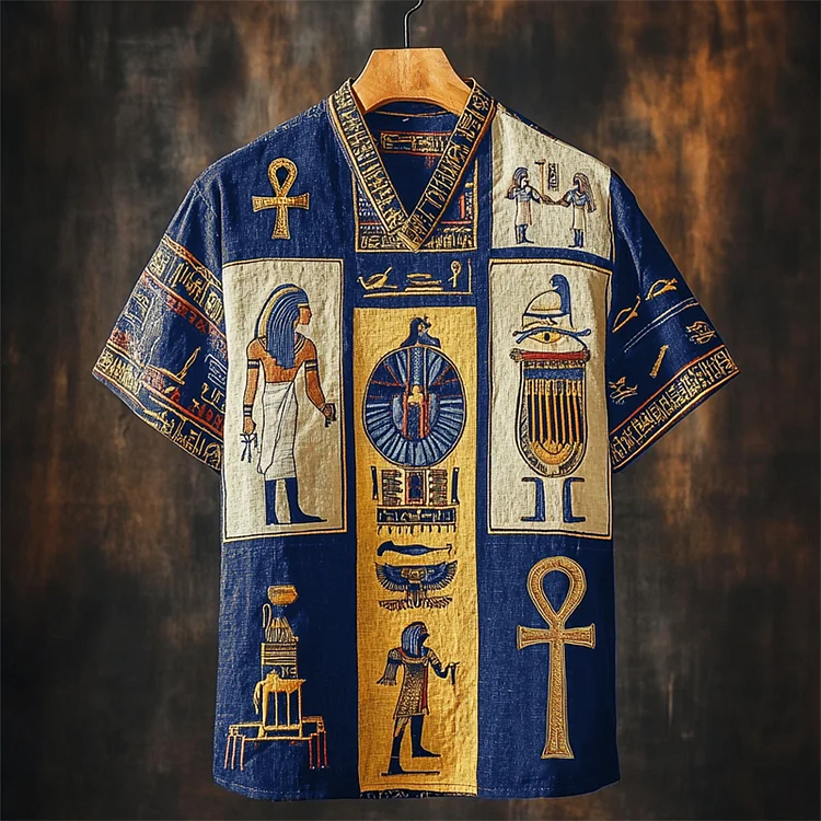 Ankh Ancient Egyptian Embroidered Colorblock Linen Shirt