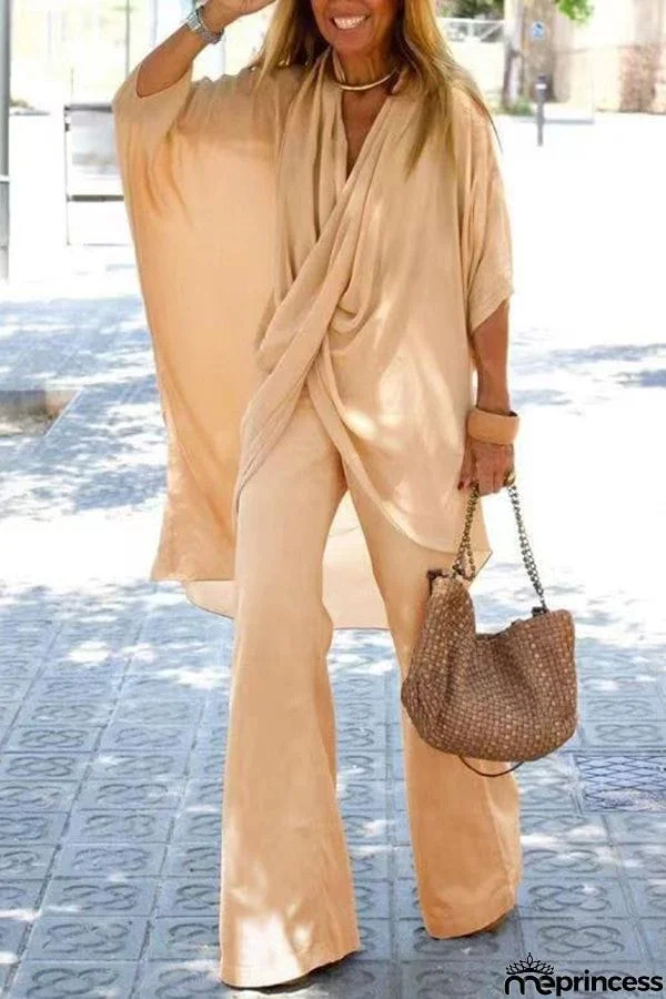 Casual V Neck Trumpet Sleeve Top and Pants Two Piece Set