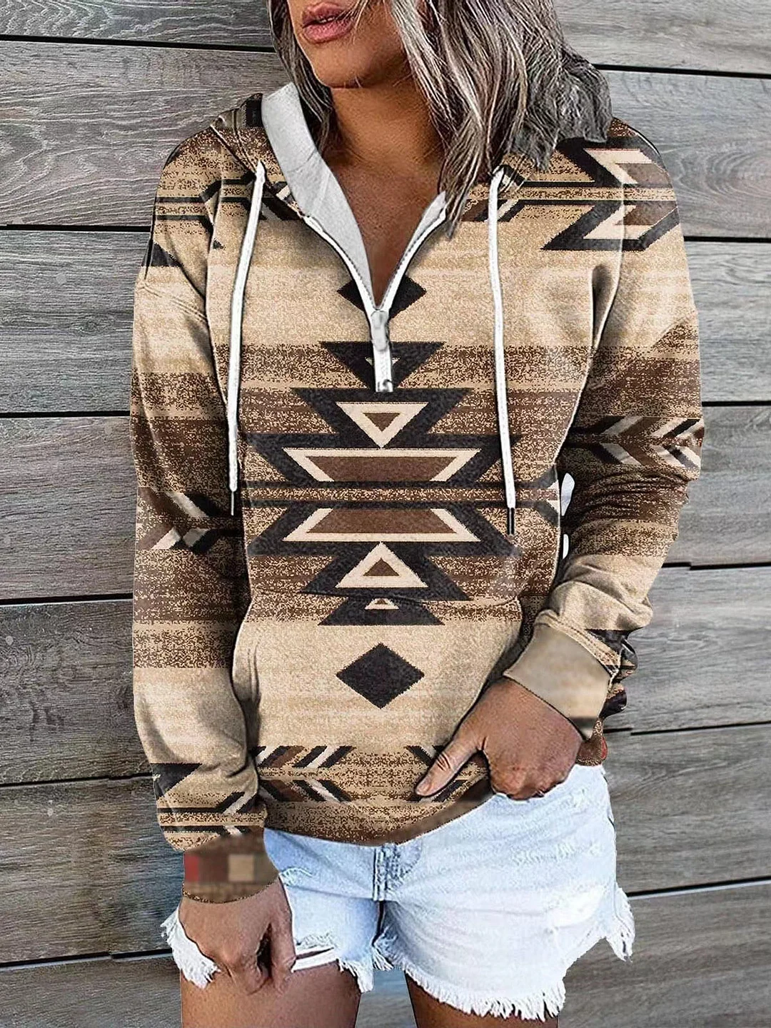Women Long Sleeve V-neck Hooded Geometric Graphic Printed Top