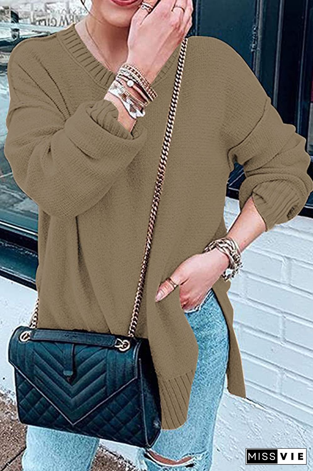 Casual Solid Patchwork Slit O Neck Tops Sweater