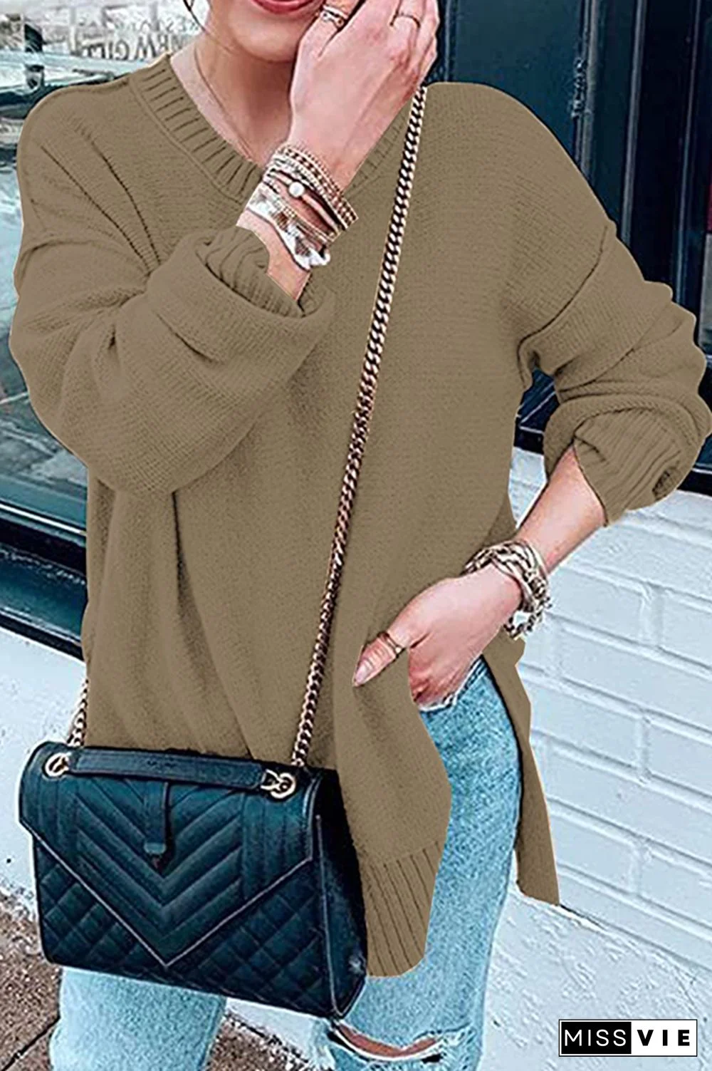Casual Solid Patchwork Slit O Neck Tops Sweater