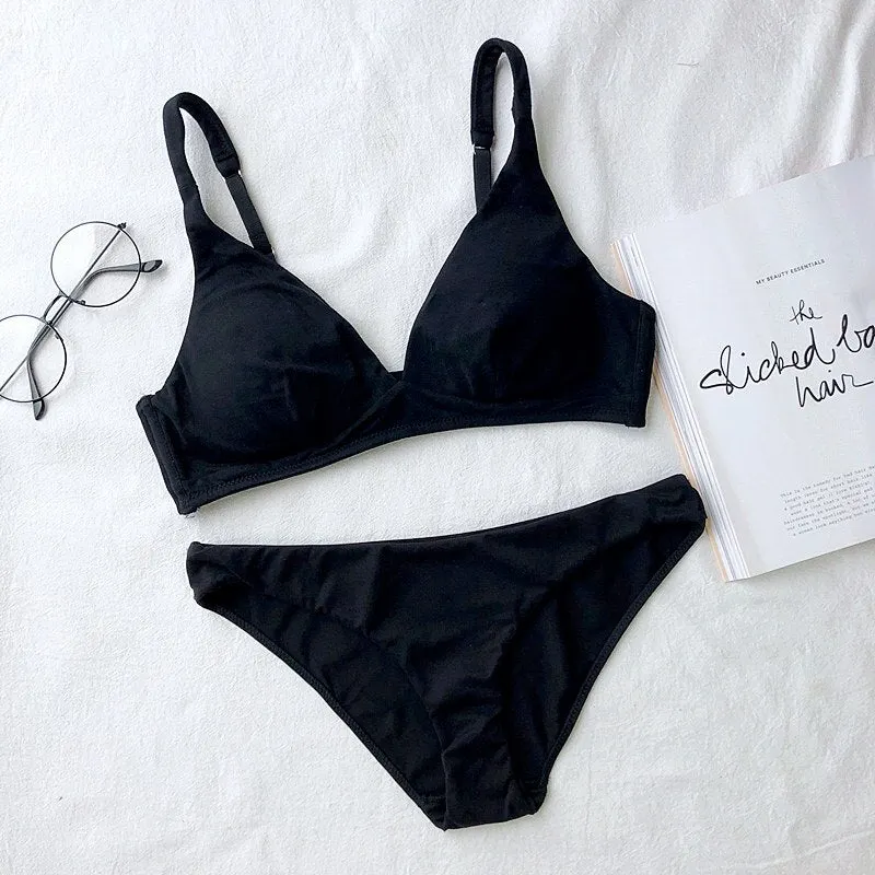 Wriufred Simple Comfortable Cotton Wire Free Underwear Set Women Triangle Cup Push Up Bralette Set Sleepwear Seamless Bra Sets