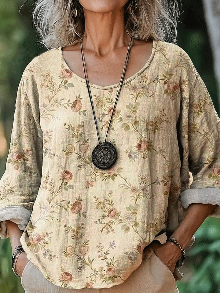 Women's Vintage Lovely Floral Art Print Casual Cotton And Linen Shirt