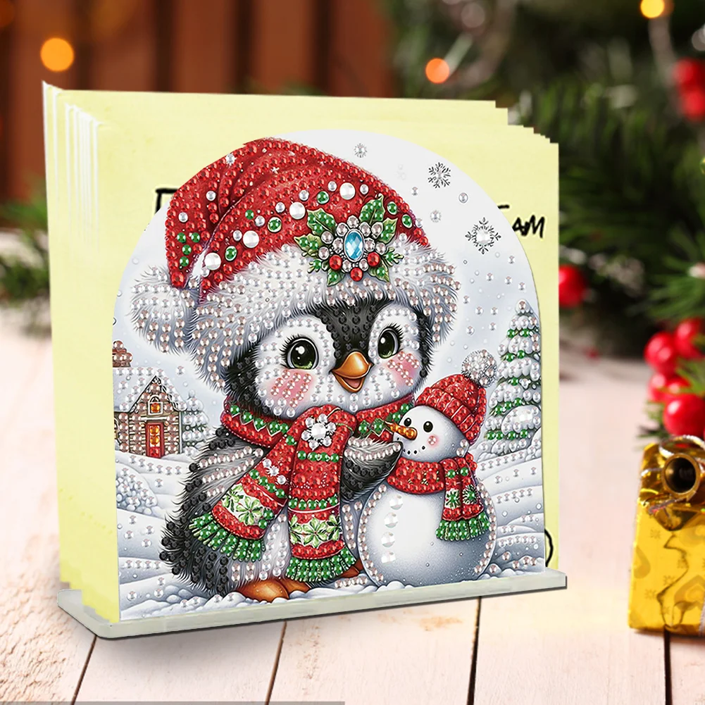 5D DIY Christmas Penguin Snowman Acrylic Diamond Art Painting Napkin Holder Set