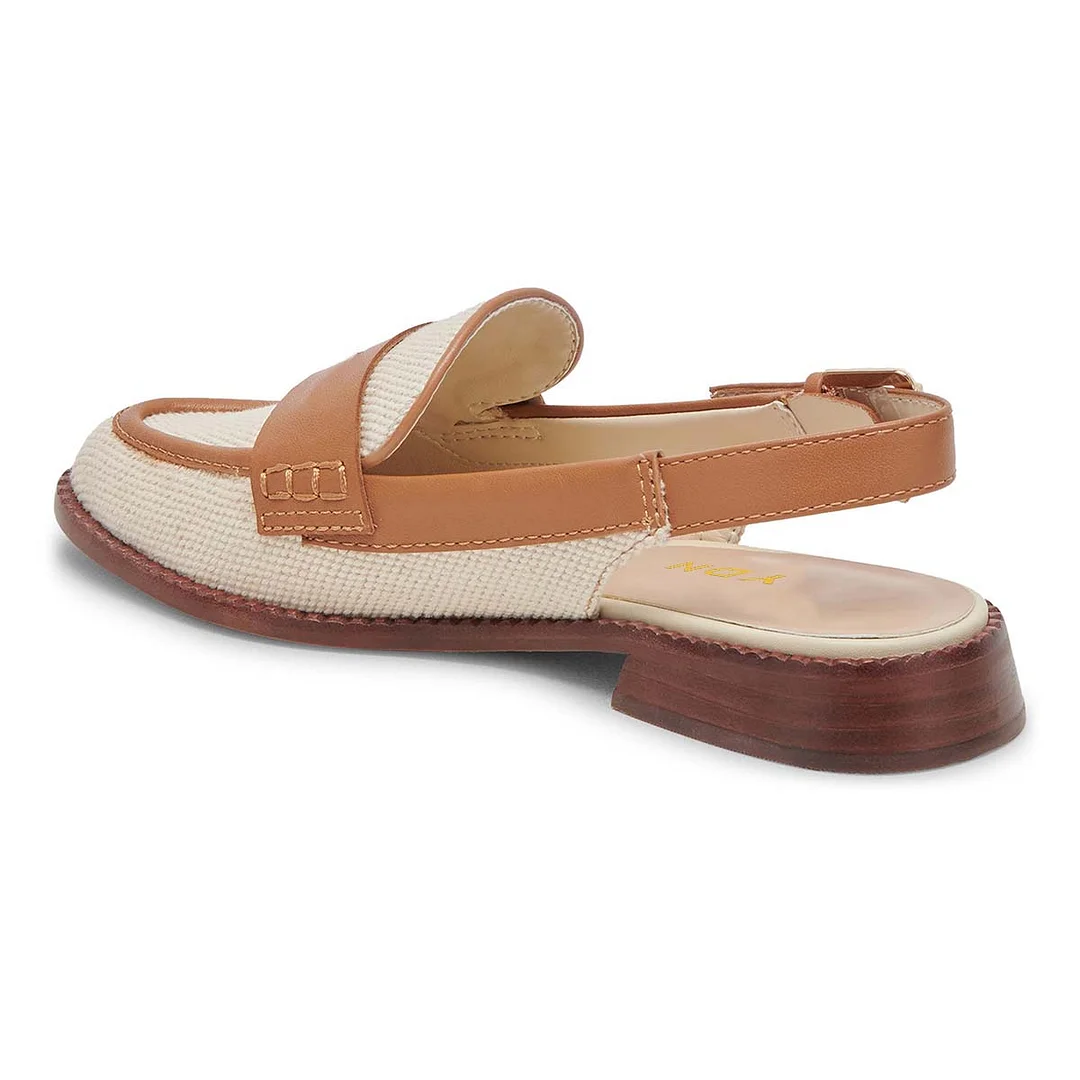 Beige & Brown Round Toe Patchwork Flats Buckle Slingback Loafers