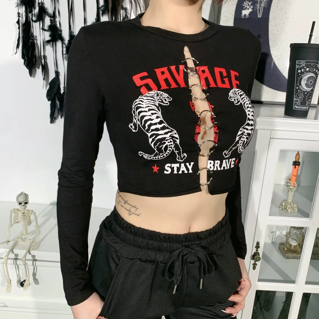 InsGoth Harajuku Y2K Black T Shirt Goth Sexy Hollow Out Letter Print T-shirts Streetwear Women Long Sleeve Basic Cropped Tops