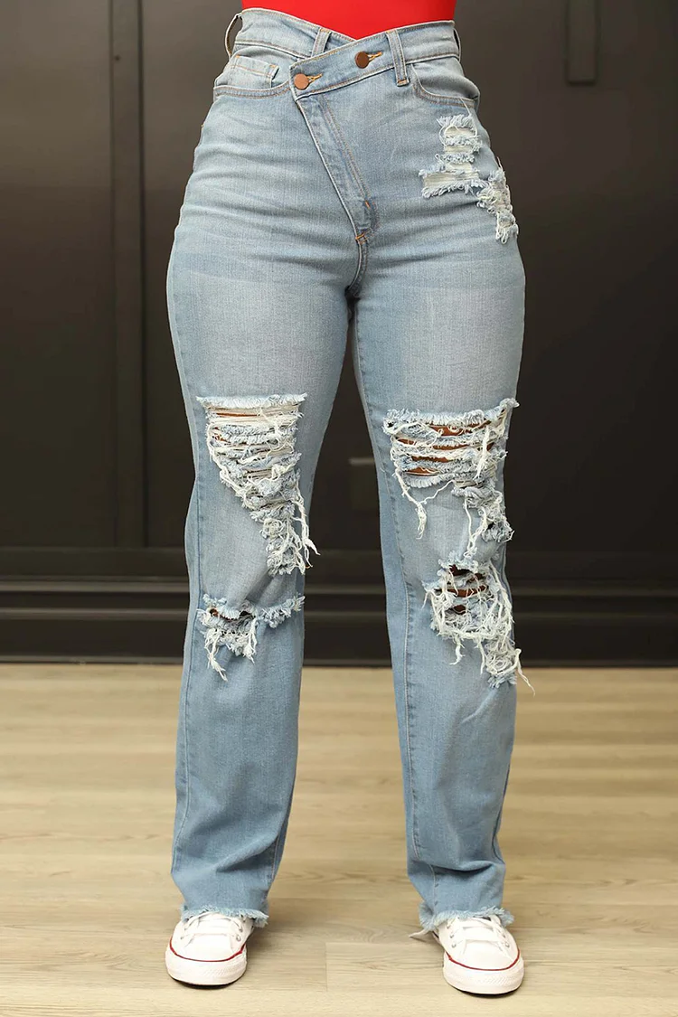 Denim Asymmetric Ripped Wide Leg Jeans