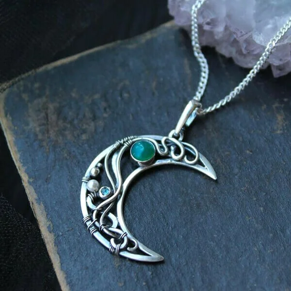 Wire Wrapped Crescent Emerald Necklace