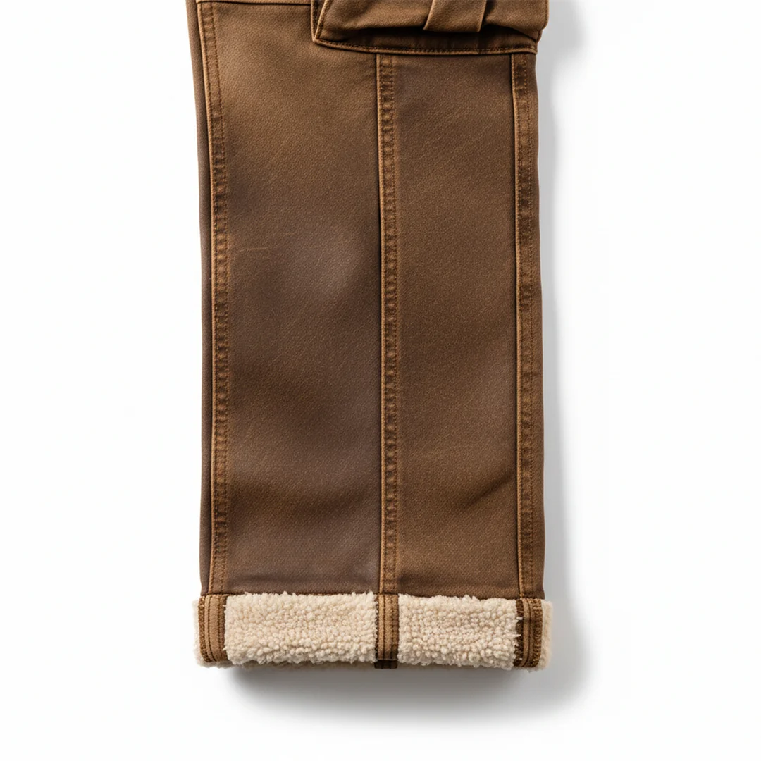 Men's Vintage Brown Leather Cargo Trousers With Wool Decoration