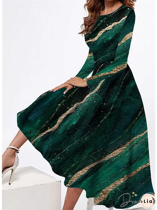 Casual Dress Swing Dress Midi Dress Green Long Sleeve Color Gradient Pocket Winter Fall Spring Crew Neck Fashion Daily Weekend S M L XL XXL 3XL for Women