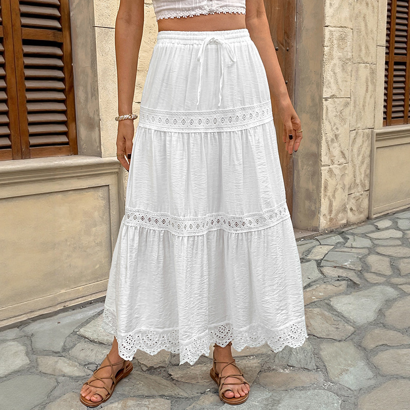 Lace Stitching Skirt 2025 Summer Leisure Seaside Holiday A Word Women's Long Skirt