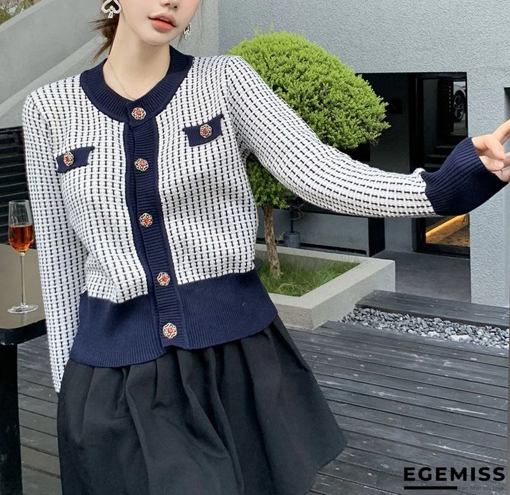 Crew Neck Color Contrast Celebrity Sweater Cardigan | EGEMISS