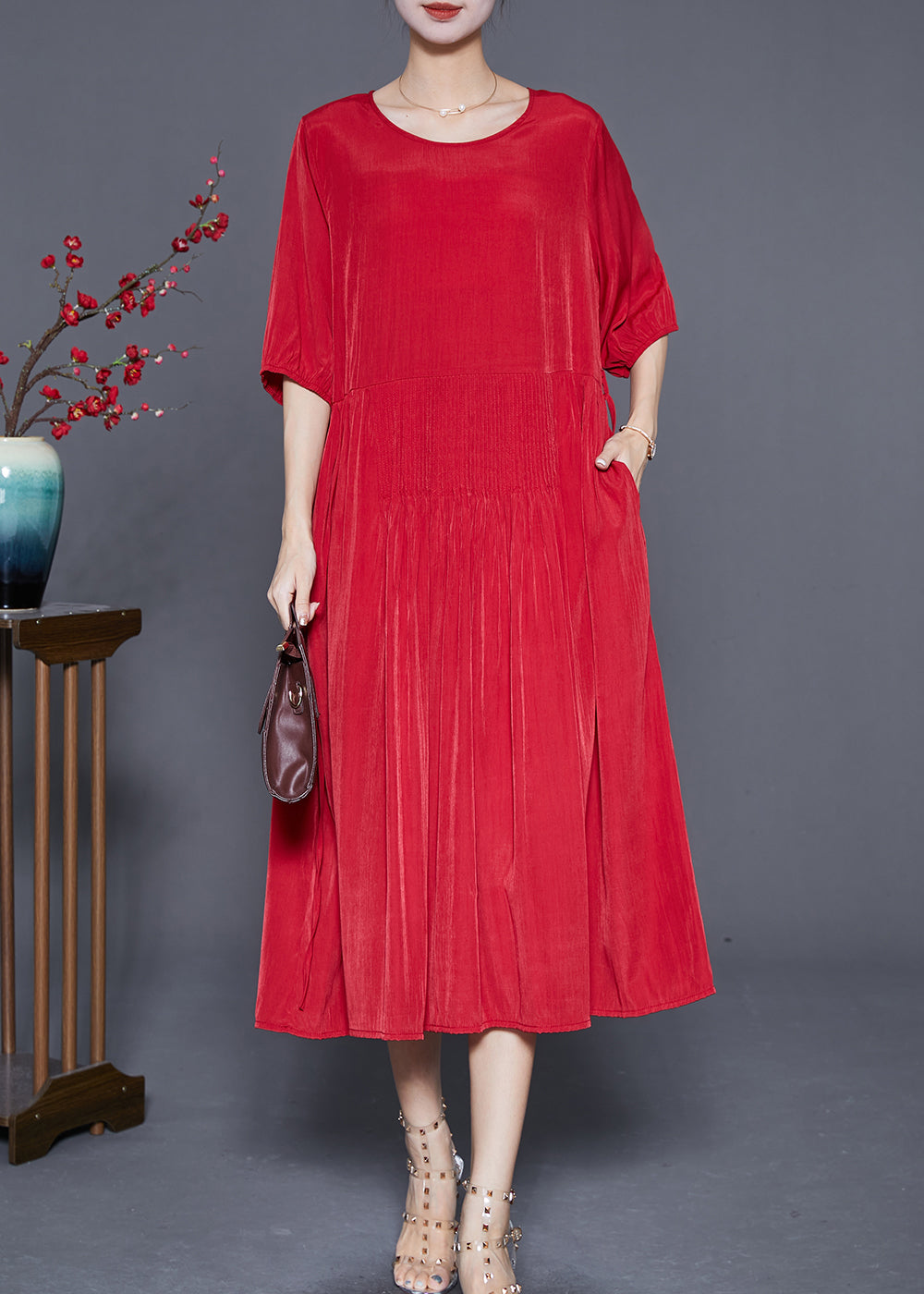 VCSHOES Red Wrinkled Tie Waist Linen Long Dresses Summer