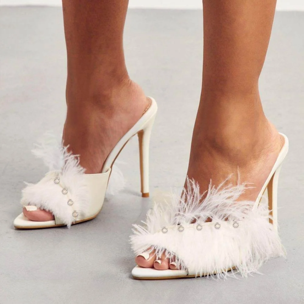 White Pointed Toe Stiletto Heels Dreamy Fur Peep Toe Mules Nicepairs
