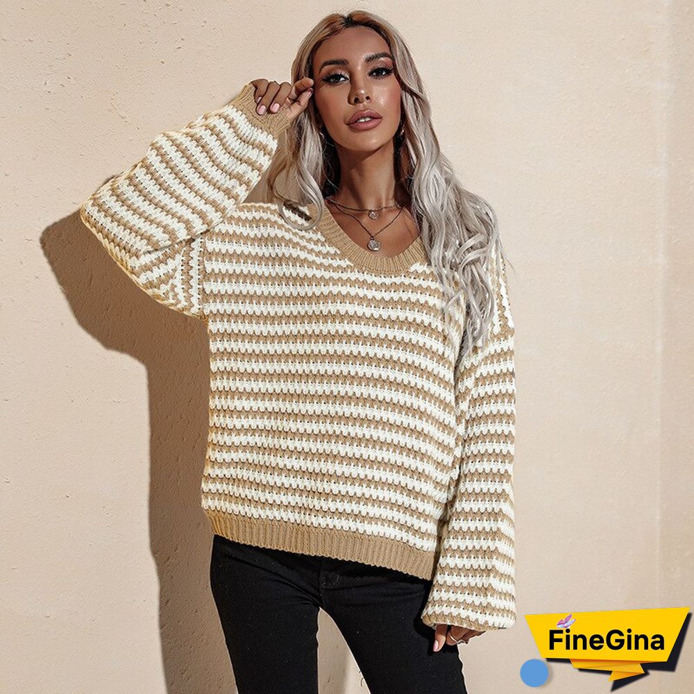 Ladies Sweater Puff Sleeve Pullovers Knitwear Women's Sweater Oversize Striped Off The Shoulder Sweaters Women Fashion Autumn
