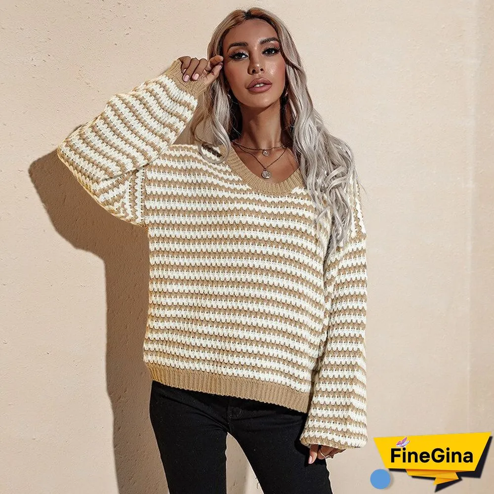 Ladies Sweater Puff Sleeve Pullovers Knitwear Women's Sweater Oversize Striped Off The Shoulder Sweaters Women Fashion Autumn