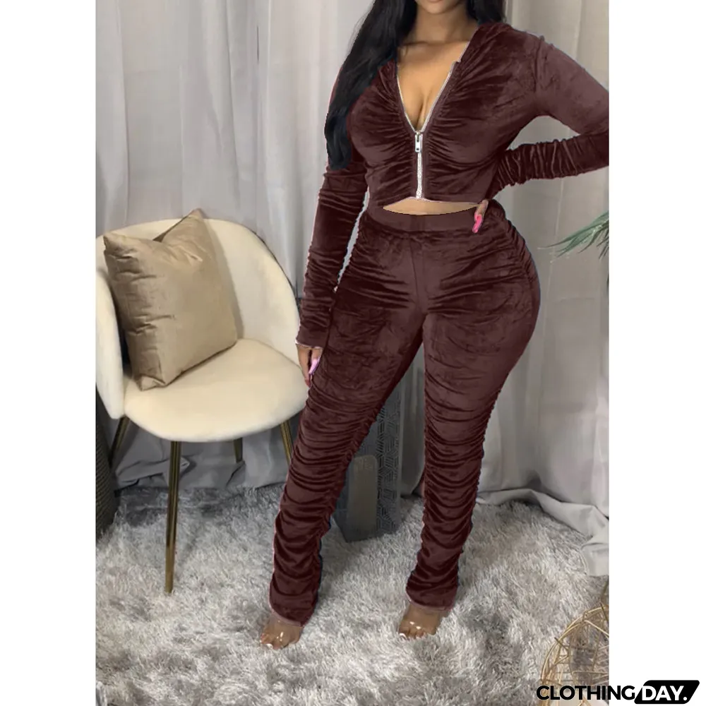 Velvet Pleated Zipper Hooded Jacket Skinny Pants Suit