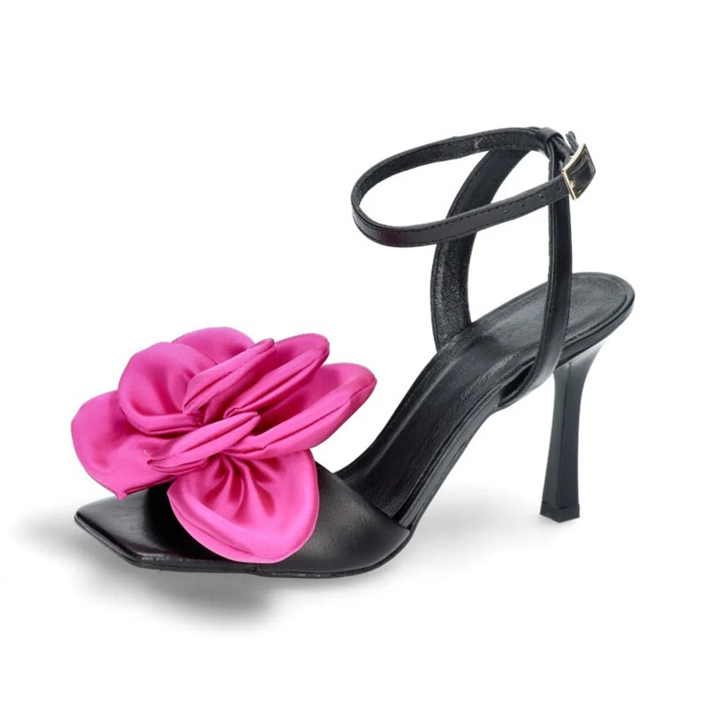Faux Leather Flared Heel Ankle Strap Flower Black Sandals for Women