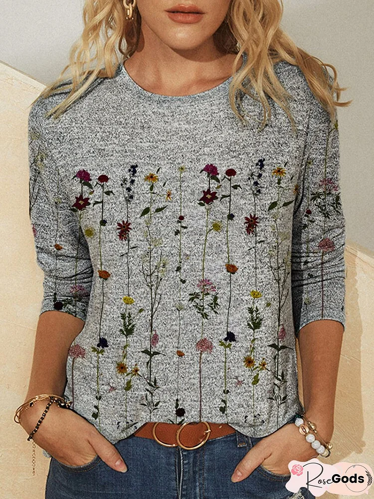 Women's Long Sleeve Crew Neck Vintage Floral Shirts & Tops