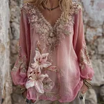 Elegant Pink Lily Glitter Floral Flowy Linen Tunic - Image 2