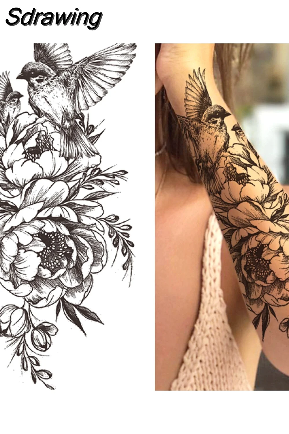 Sdrawing Fake Peony Temporary Tattoos For Women Girl Black Rose Elephant Flower Tattoo Sticker Tiger Anemone Tatoos Half Sleeve 521-1