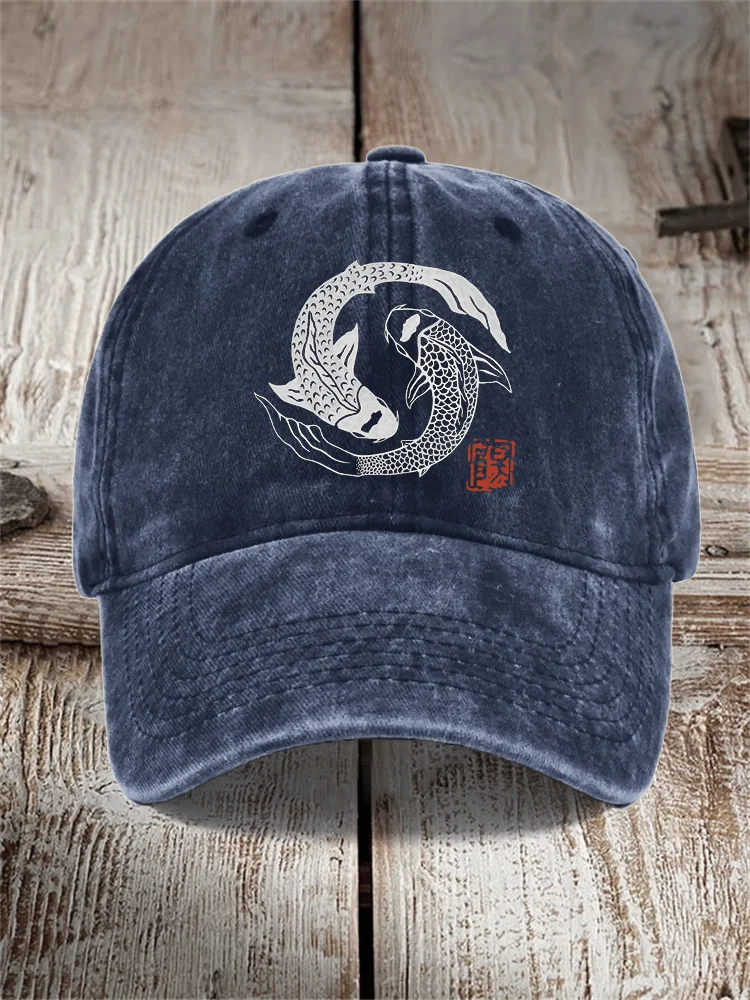 Carp Fish Contrast Japanese Lino Art Washed Cap