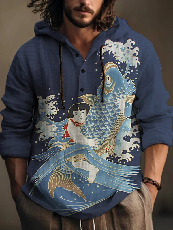 Men's Koi Kid Japanese Art Print Hooded Shirt