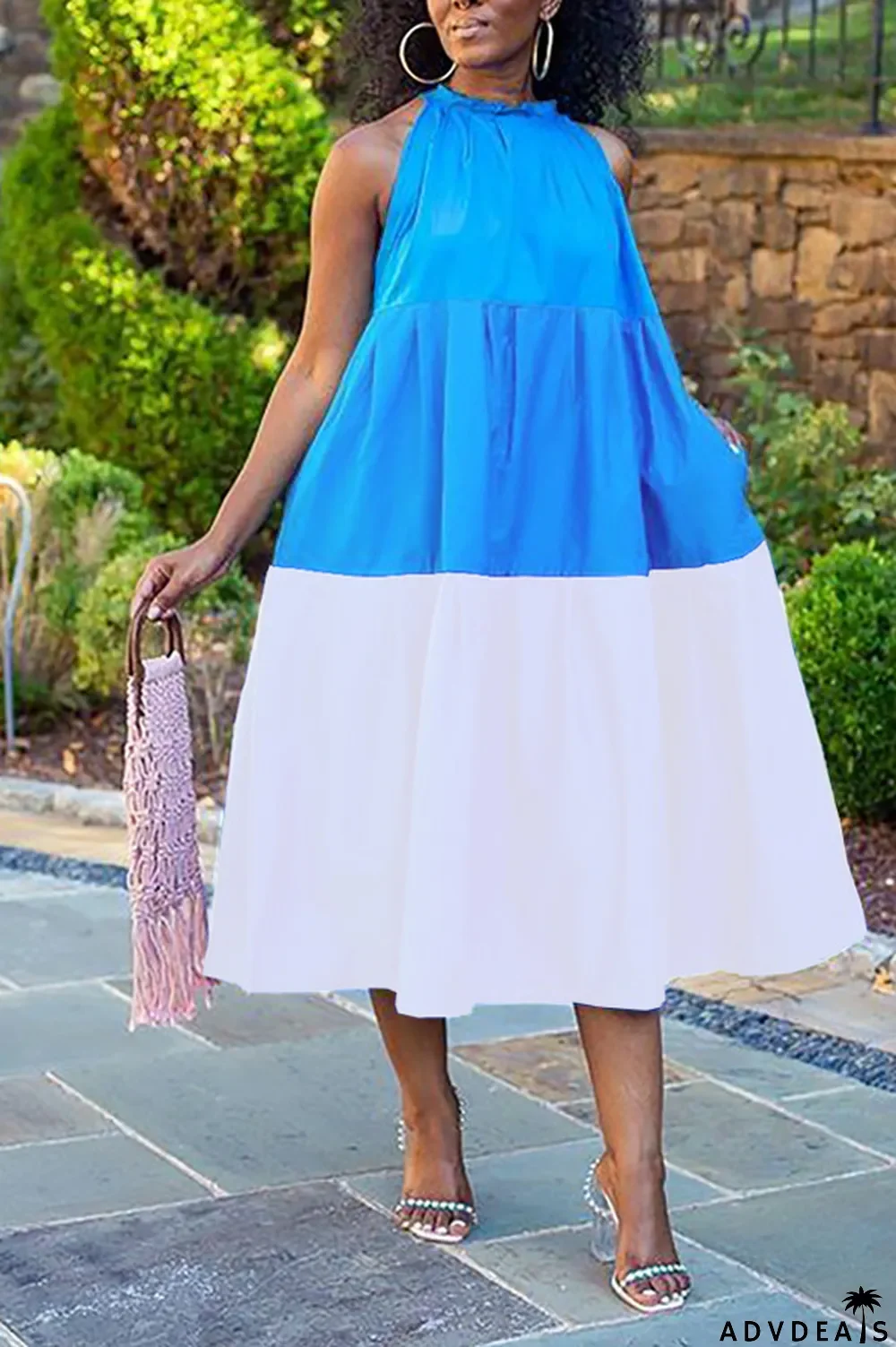 White Casual Sleeveless Halter Neck A-Line Knee-Length Patchwork Solid chain Dresses