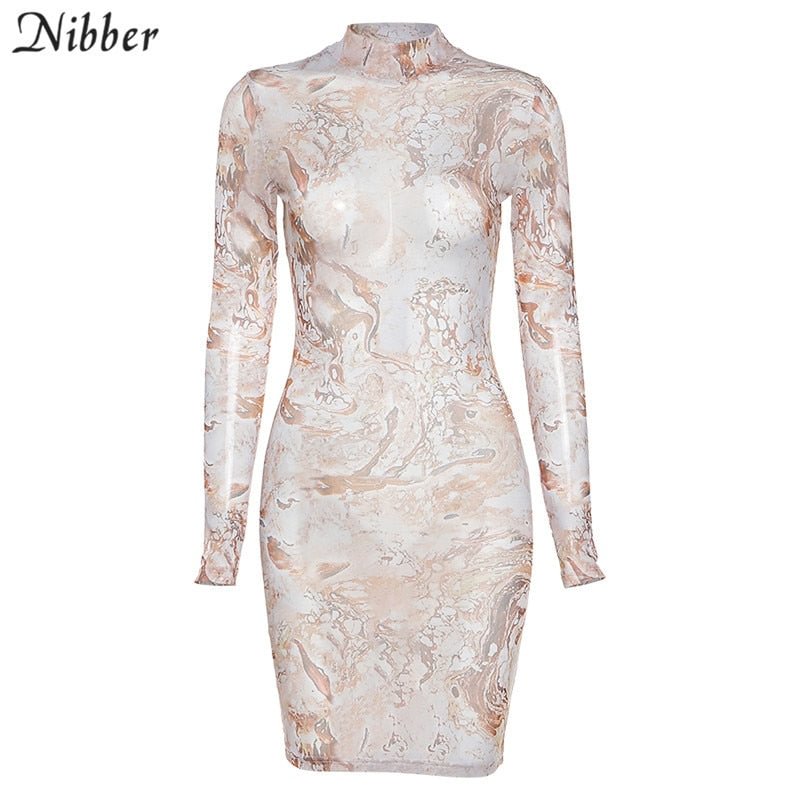 Nibber Retro tribal style printed graphic dress for women street casual wear summer long sleeve mesh bocycon mini dresses female
