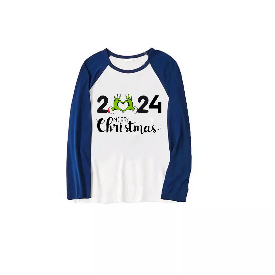 "2024 Merry Christmas" Text Printed Navy Blue and Black Plaid Christmas Family Pajamas
