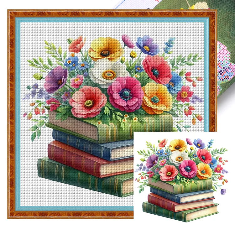 Flowers And Books (50*50cm) 11CT Stamped Cross Stitch gbfke